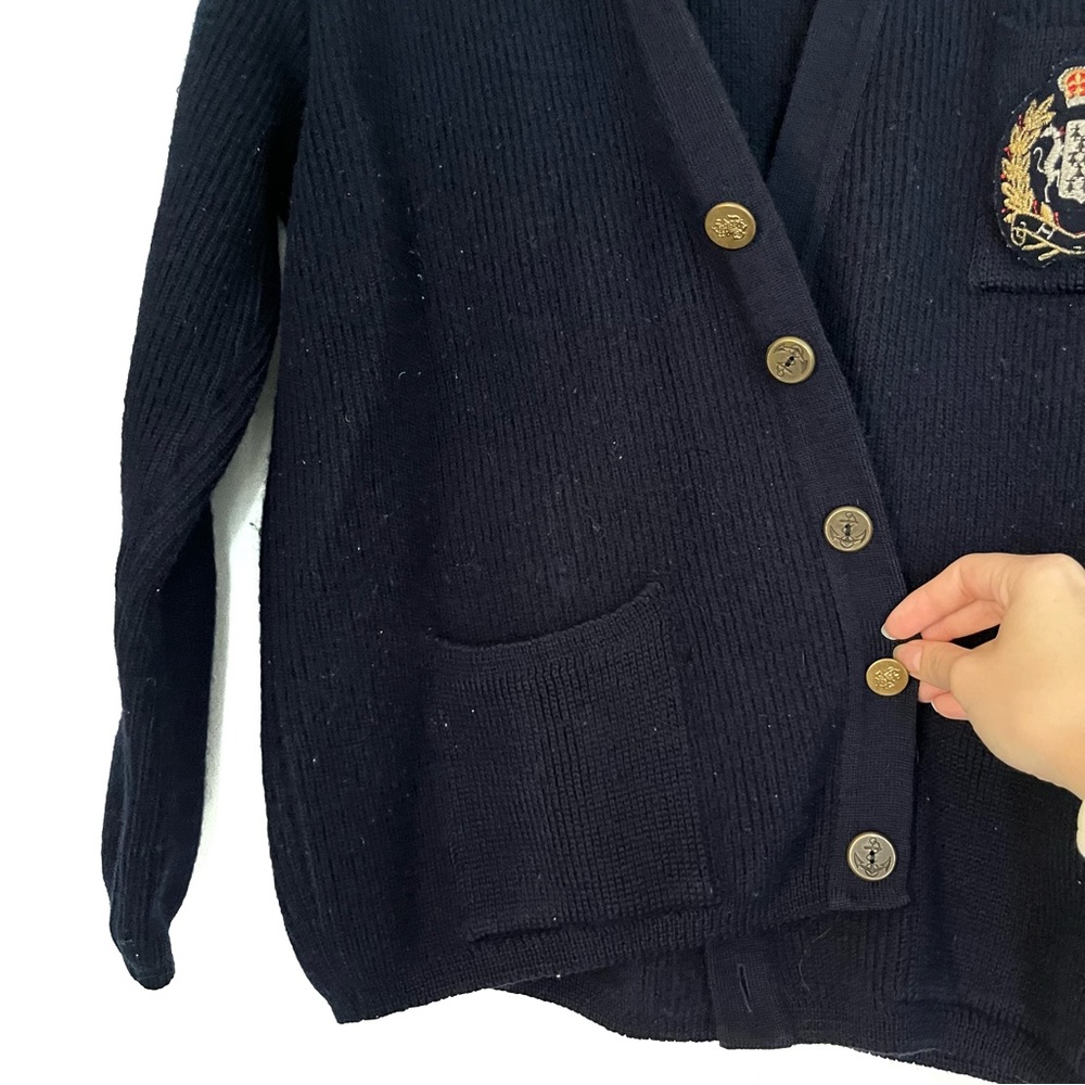 Woolmark 100% Wool Navy Blue Button Cardigan Sweater Crest Sailor Vintage France - Picture 8 of 14
